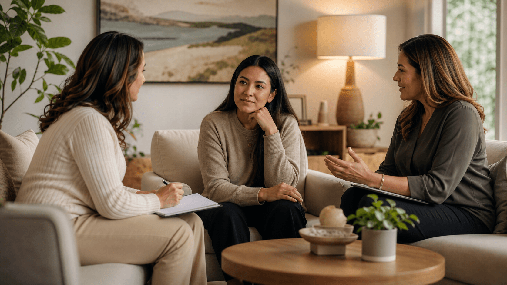 A gestational carrier candidate discussing support, consent, and future planning with two program specialists.