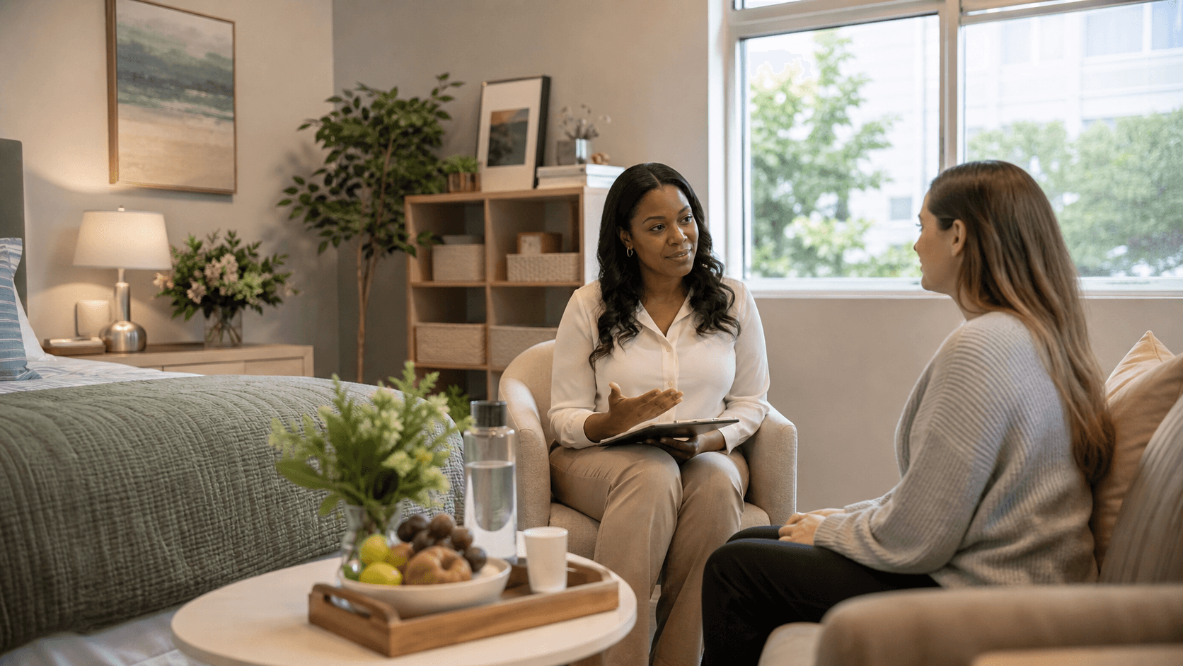 A gestational carrier participant speaking with a care coordinator in a calm support setting.