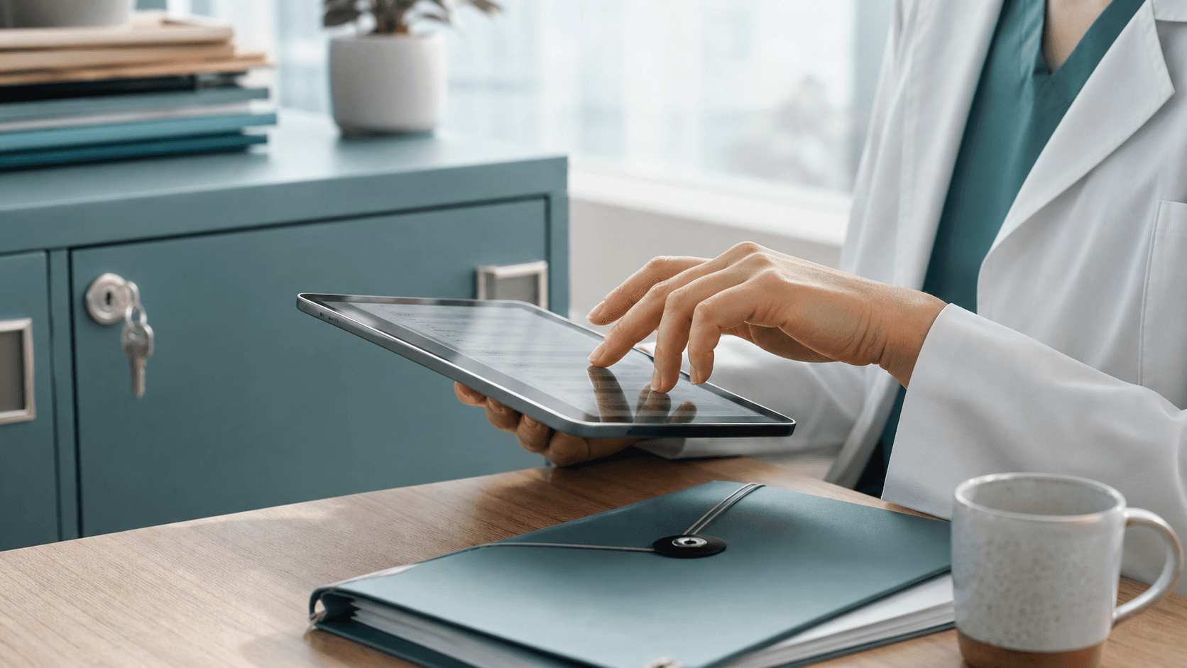 A healthcare professional reviewing secure records on a tablet beside locked files.