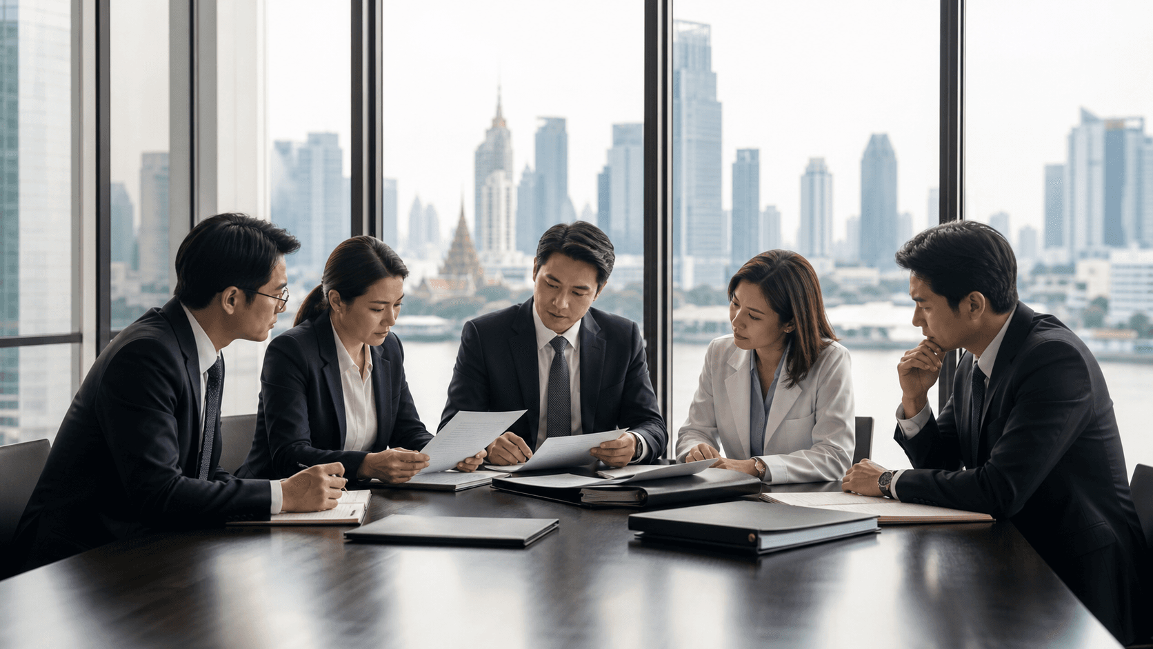 Legal counsel and medical operations professionals reviewing compliance documents in a Bangkok boardroom.