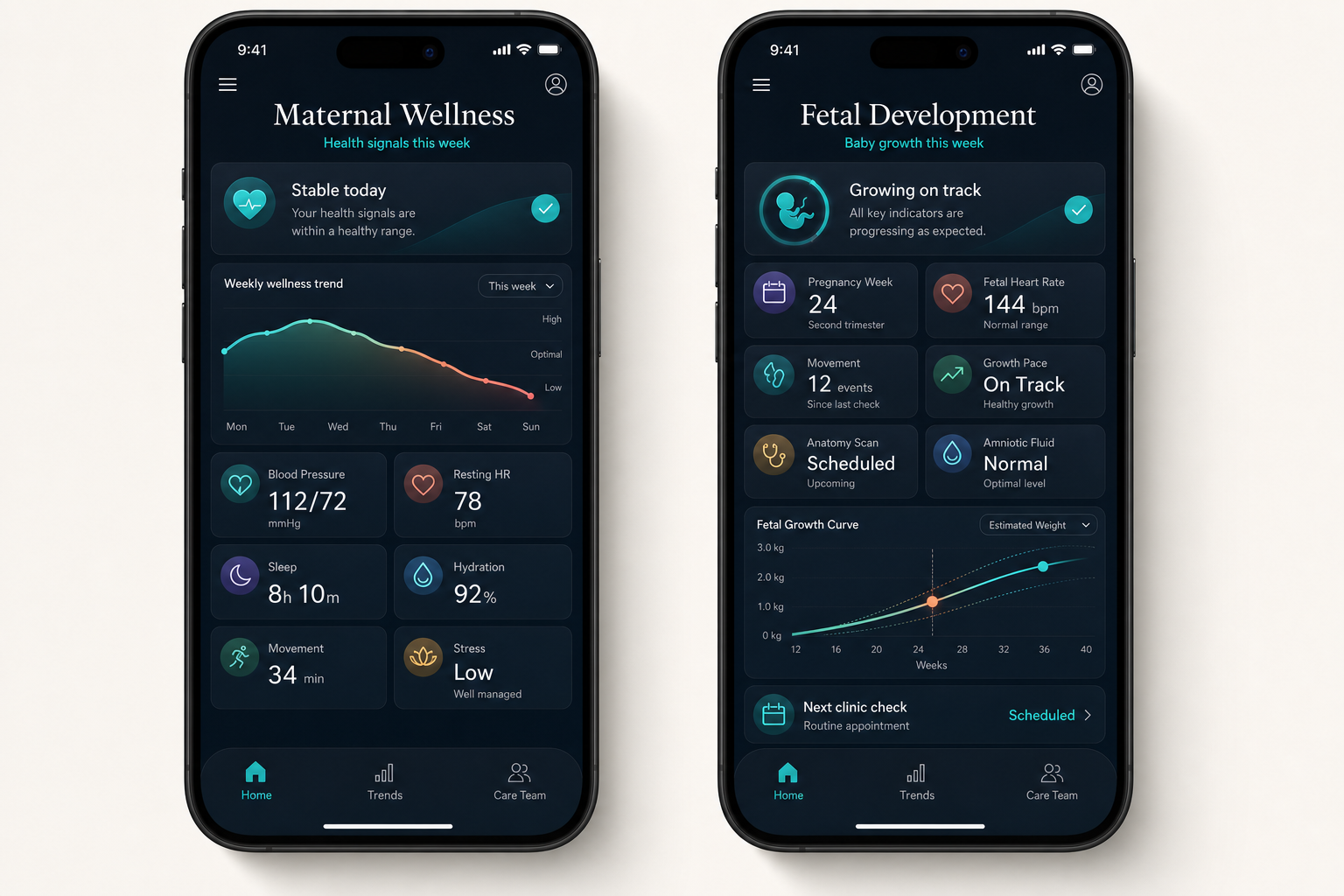 Two polished mobile health app screens showing maternal wellness metrics and fetal development tracking for intended parents.